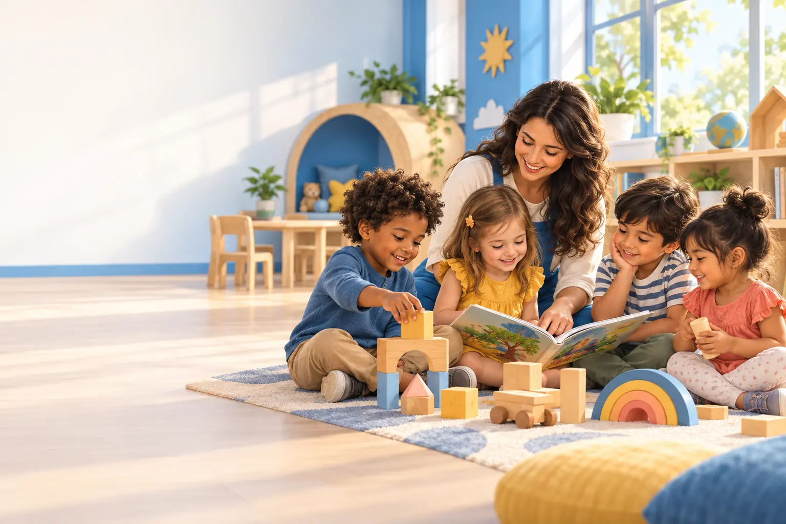 Crianças aprendendo e brincando em um ambiente escolar acolhedor