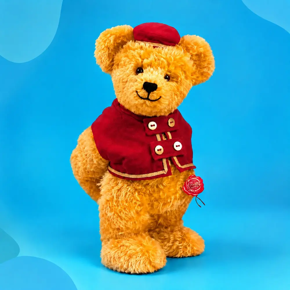 Ursinho mascote da Escola Cantinho pra Sonhar, usando roupa e boina vermelhas